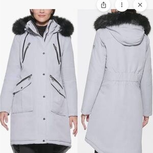 Guess Women's Light Gray Puffer Coat with Black Faux Fur